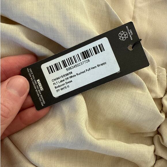 PLT Label - Ruched Puff Hem Strappy Bodycon Mini Dress in Beige - Picture 4 of 7